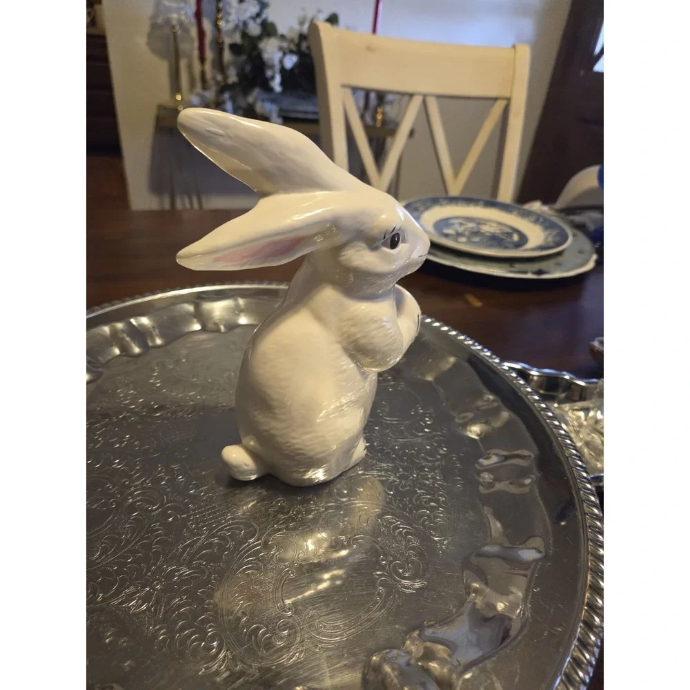 charming vintage glazed ceramic white bunny rabbit figurine, Easter, Cottagecore